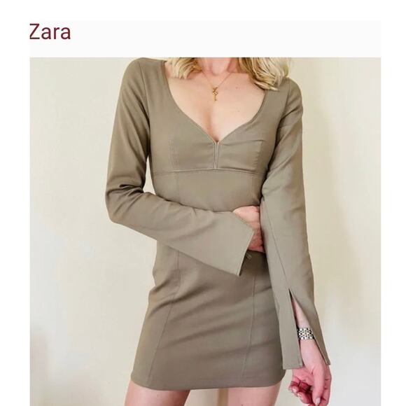 Zara Womens Sweetheart Neckline A-Line Mini Dress Size M Long Sleeve With Slit - Picture 1 of 10